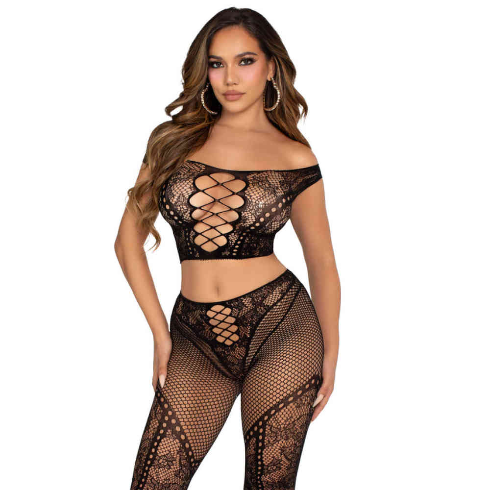 Leg Avenue - Off Shoulder Crop Top and Legging Lingerie set - Zwart